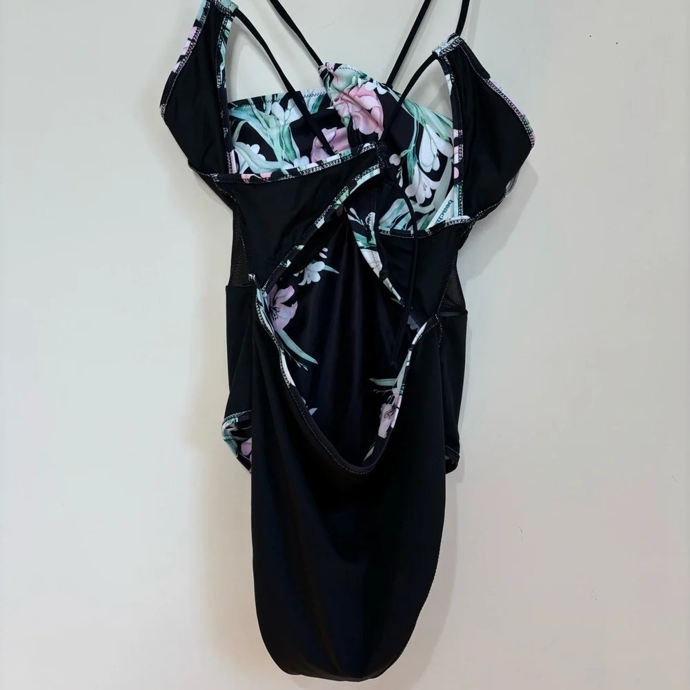 beachsissi Mesh waist adjustable strap pink blue floral black One Piece Swimwear